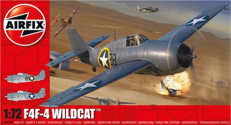 Airfix 1/72 F4F-4 Wildcat model kit featuring 58 pieces for detailed assembly, representing a WWII US Navy fighter aircraft.