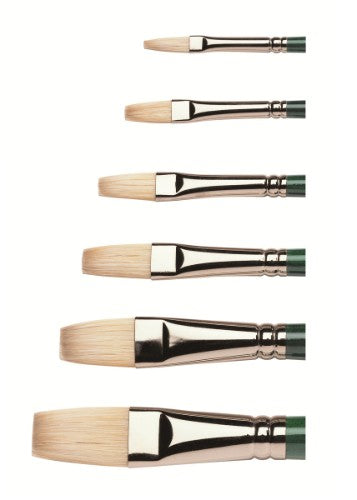 Long flat brush with durable hog bristles, ideal for blending and covering large areas in oil and acrylic painting.