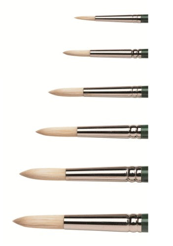 Round Size 4 Winsor & Newton Winton Hog Brush with green handle, ideal for fine details in oil and acrylic painting.