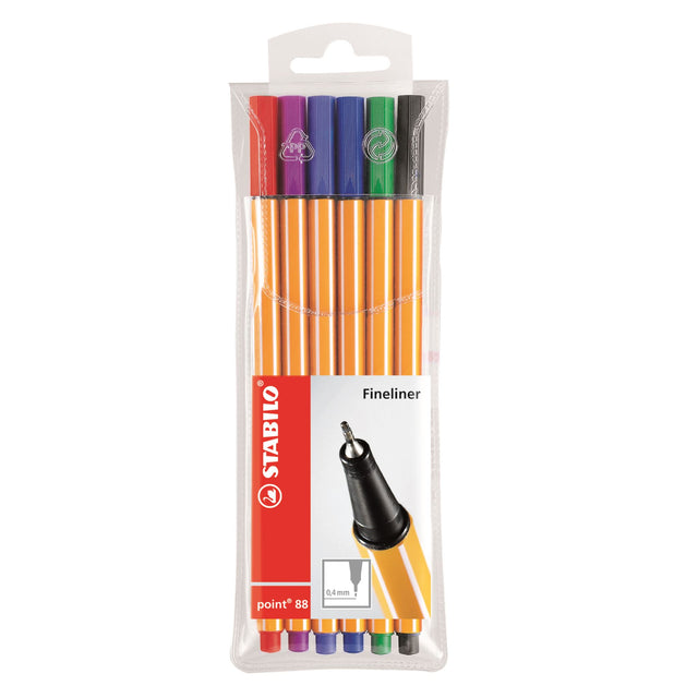 Stabilo Point 88 Fineliner Assorted Wall 6 pack featuring six vibrant pens with a 0.4mm tip for precise writing and drawing.