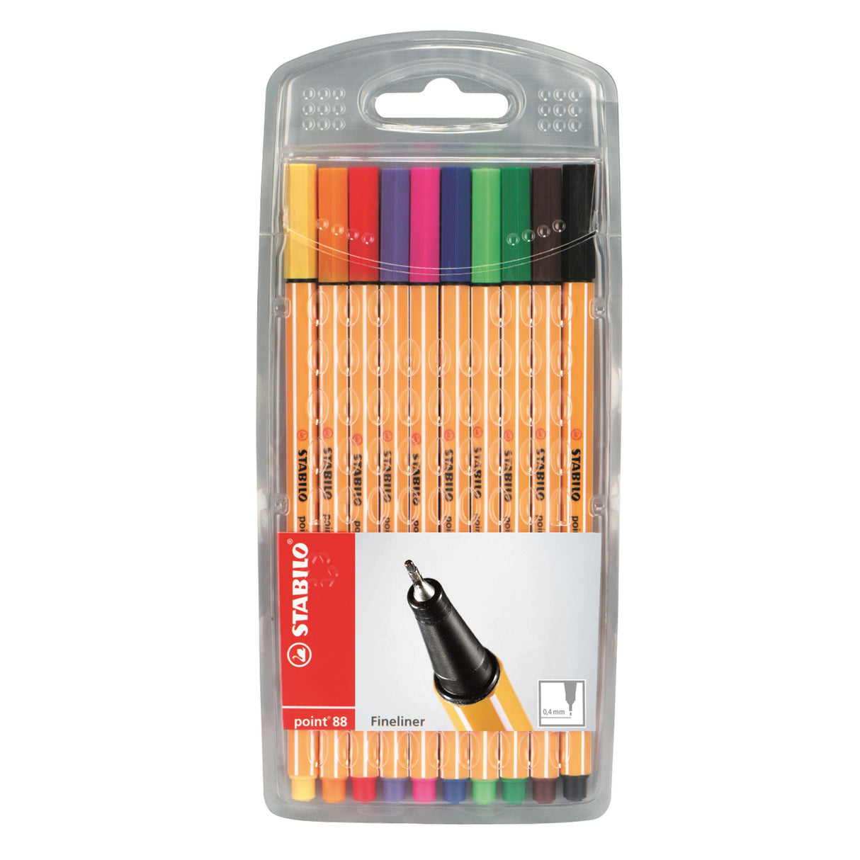 Stabilo Point 88 Fineliner Assorted Wallet 10 with 10 vibrant colors, 0.4mm precision tip, perfect for students and artists.