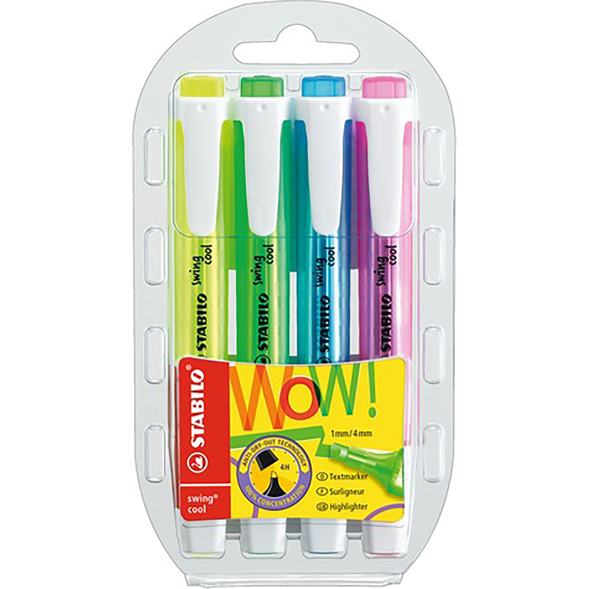 Vibrant Stabilo Swing Cool Highlighters in assorted colors, featuring a non-slip grip and anti-dry-out technology for precise highlighting.