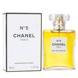 Chanel No.5 Eau De Parfum Spray in a 50ml bottle, featuring modern floral notes of jasmine, rose, and ylang-ylang.