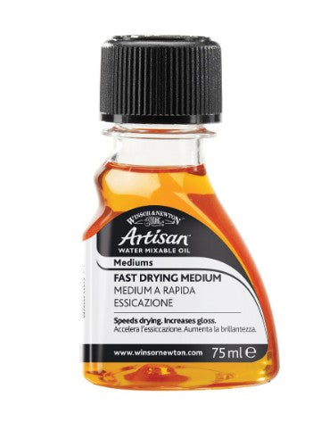 Bottle of Winsor & Newton Artisan Fast Drying Oil Medium, enhancing oil paints with improved flow, quick-drying, and gloss resistance.