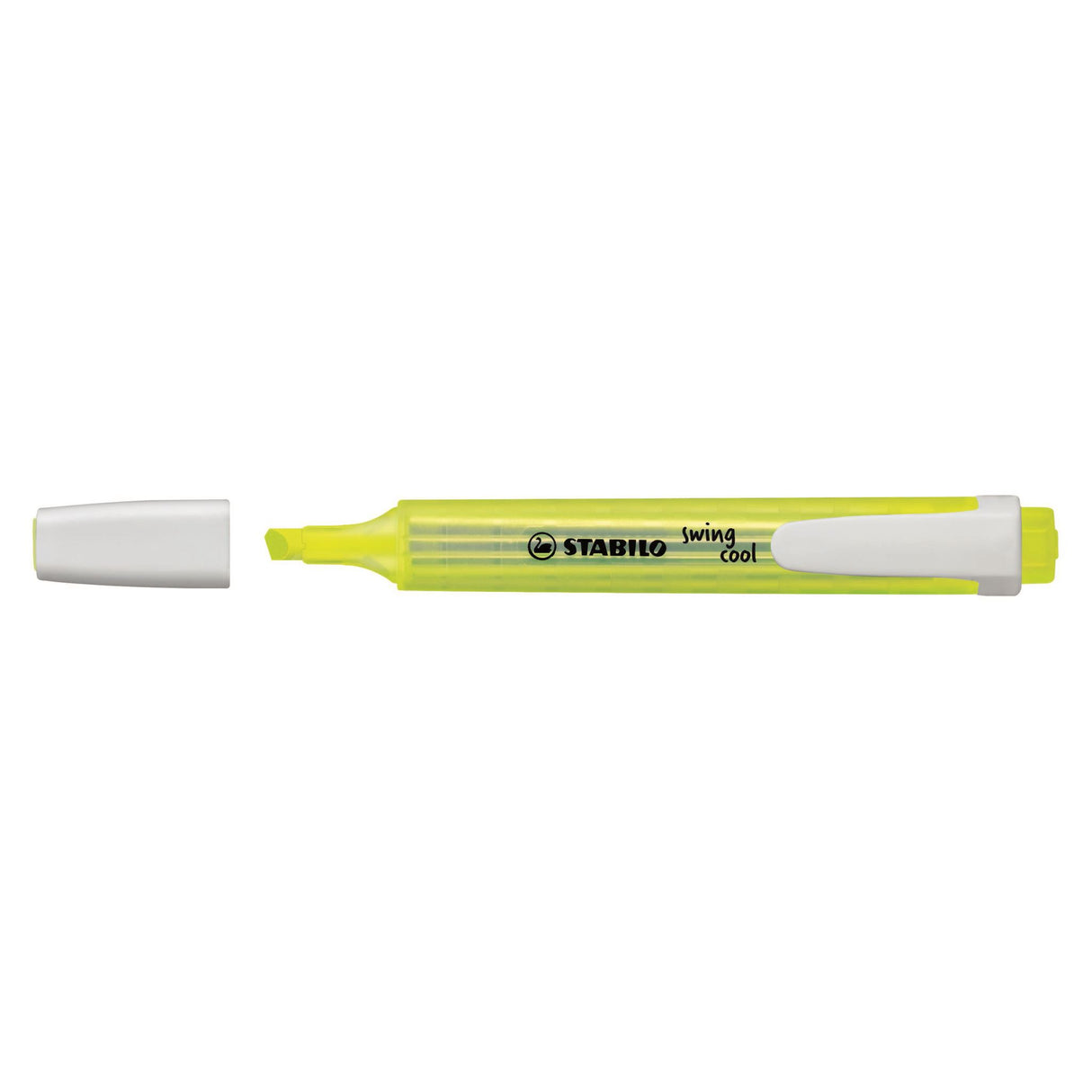 Stabilo Swing Cool highlighter set in yellow box, featuring 10 vibrant, water-based ink markers with non-slip grips and anti-dry tech.