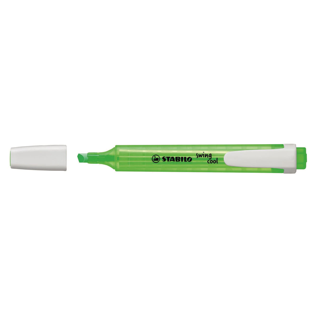 Stabilo Swing Cool Highlighter Green Box 10 with 10 vibrant, non-slip highlighters, featuring anti-dry out technology and eco-friendly ink.