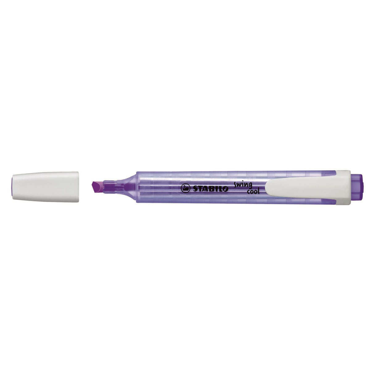 Lavender box of 10 Stabilo Swing Cool highlighters featuring non-slip grip, anti-dry out tech, and vibrant water-based ink.