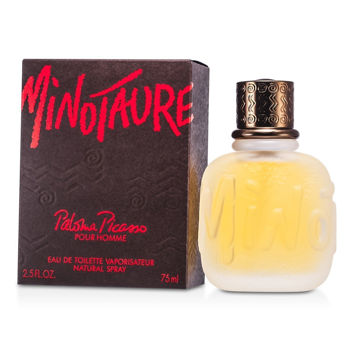 Paloma Picasso Minotaure Eau De Toilette Spray in a 75ml bottle, featuring notes of citrus, spice, and warm woods for the modern man.