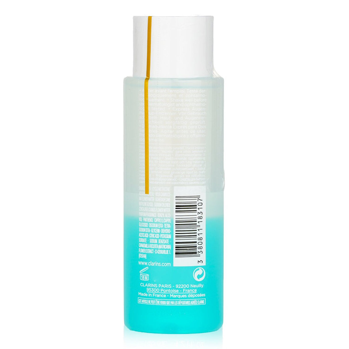Clarins Instant Eye Make Up Remover in a 125ml bottle, designed for heavy, waterproof makeup, ideal for sensitive eyes.