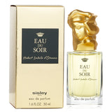 Elegant 50ml glass flacon of Sisley Eau Du Soir Eau De Parfum with 18-karat gold stopper, exuding refinement and floral allure.