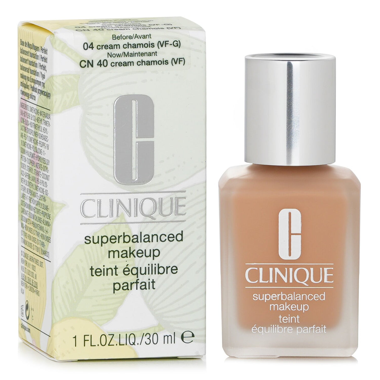 Clinique Superbalanced MakeUp in No. 04 Cream Chamois, a 30ml oil-free foundation for balanced hydration and oil control.