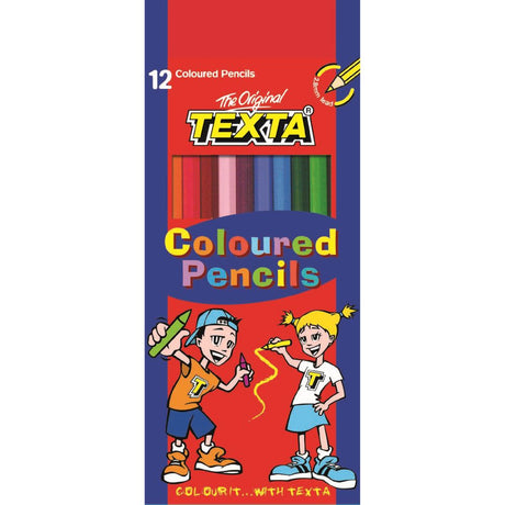 Texta Coloured Pencils Box 12, featuring 12 vibrant, break-resistant pencils for smooth coloring at home or school.