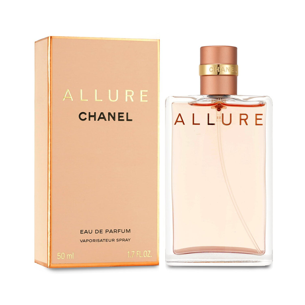 Chanel Allure Eau De Parfum Spray 50ml, a sweet floral fragrance with notes of water lily, jasmine, rose, and vanilla.