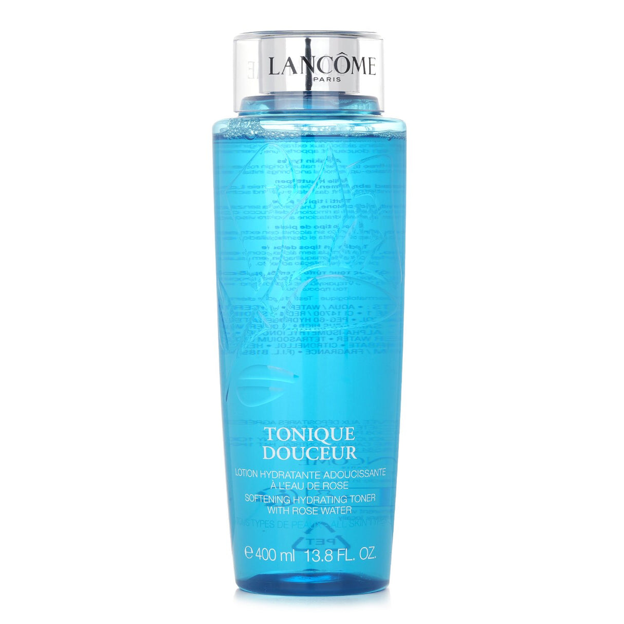 Alcohol-free Lancome Tonique Douceur toner in a 400ml bottle, refreshes and hydrates all skin types with distilled flower-water.