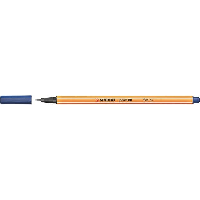 Stabilo Point 88 Fineliner set in a blue box with 10 pens, featuring 0.4mm tips for precision in writing and art.