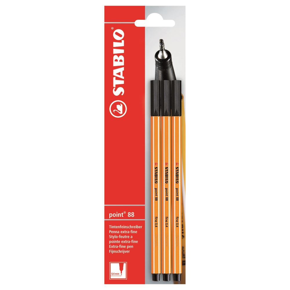 Stabilo Point 88 Fineliner in Black Card 3 with 0.4mm tip, ideal for precise writing and fine line drawings.