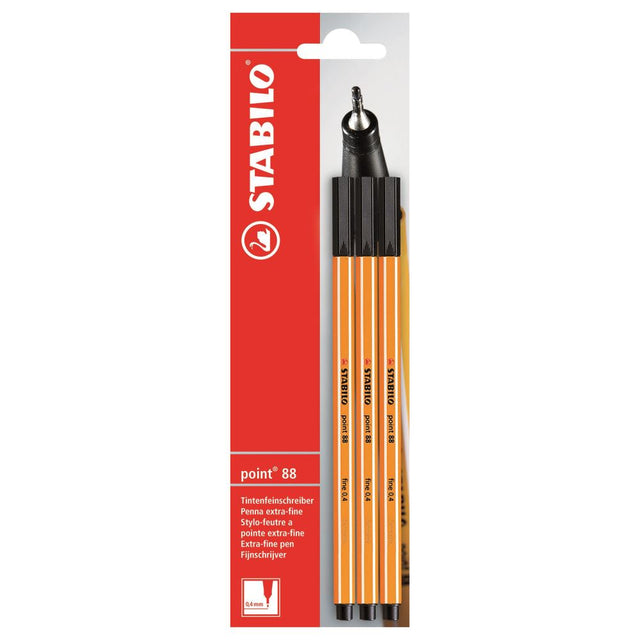 Stabilo Point 88 Fineliner in Black Card 3 with 0.4mm tip, ideal for precise writing and fine line drawings.