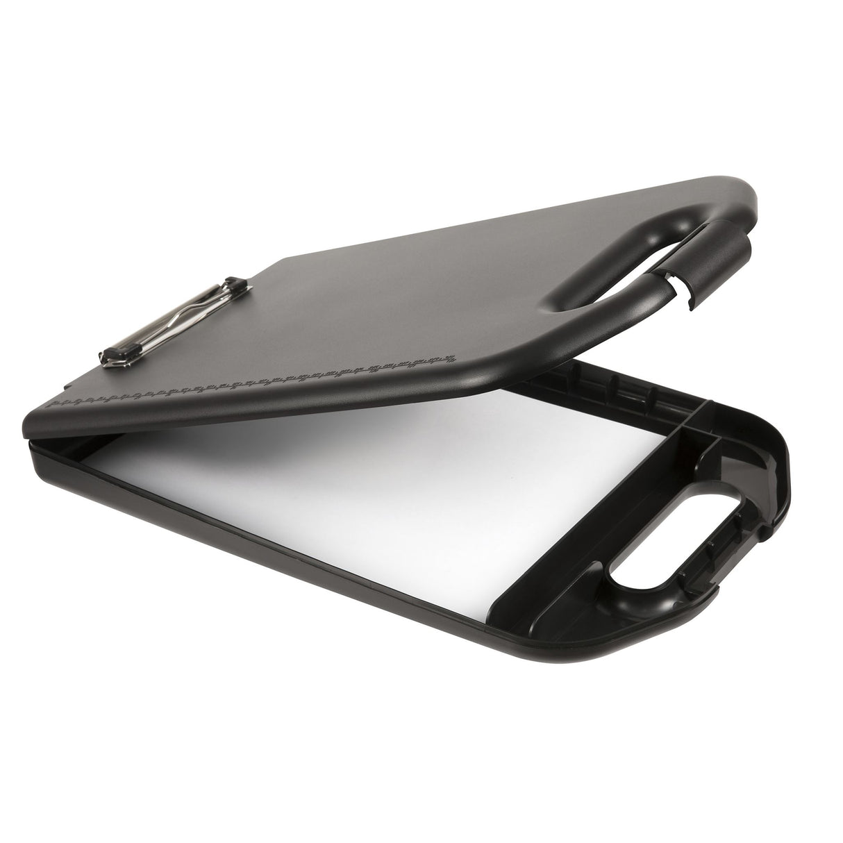 Sleek black A4 clipboard with a durable design, spacious storage, and secure wire clip for organized note-taking.