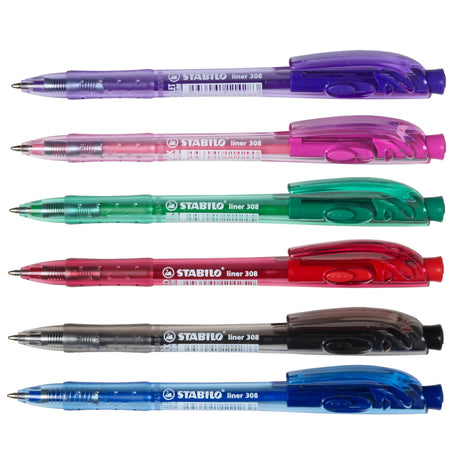 Set of 10 Stabilo 308 Liner retractable ballpoint pens in medium blue, designed for comfortable, smooth writing.