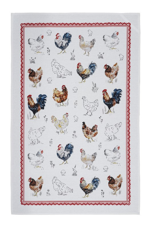 Cotton tea towel featuring vibrant farm birds, roosters, and hens, perfect for rustic kitchen decor and eco-friendly use.