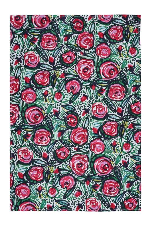 Ulster Weavers Rose Garden cotton tea towel featuring vibrant red and pink roses with green leaves, perfect for eco-friendly kitchens.