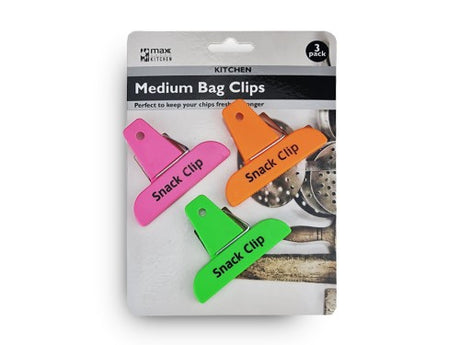 Max Brand Medium Bag Clips, 3pcs, vibrant colors, durable, ideal for sealing snacks, bulk pack of 48 for fresh food storage.