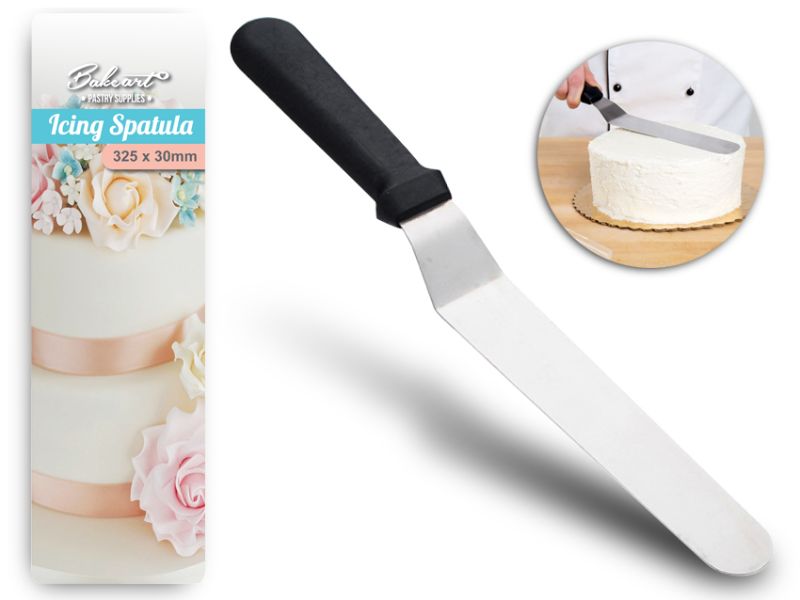 Angled icing spatula set with black handles for smooth cake icing and spreading, includes 12 units for baking efficiency.