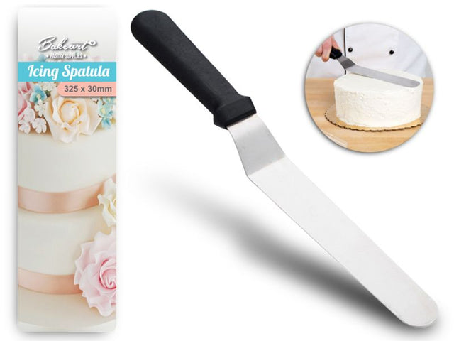 Angled icing spatula set with black handles for smooth cake icing and spreading, includes 12 units for baking efficiency.