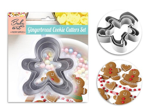 Stainless steel gingerbreadman cookie cutter set, 3 sizes, perfect for festive baking and easy decorating fun.