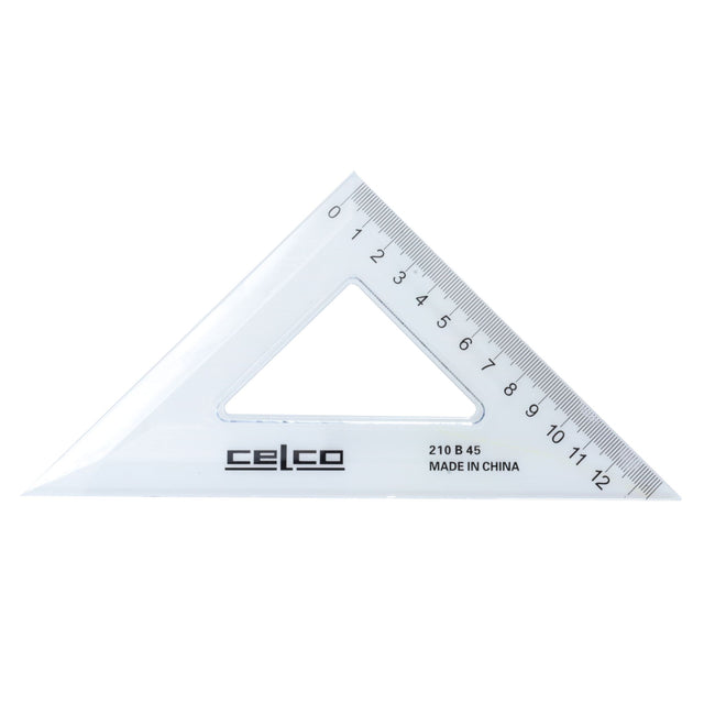 Clear 21cm Celco set squares with 45° and 60° angles, durable plastic, metric scaled, ideal for classroom and art use.