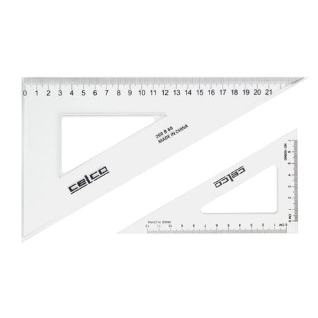 Clear 21cm Celco 60 Degree Set Squares, durable plastic for precise angles in drawing and drafting, ideal for students and artists.