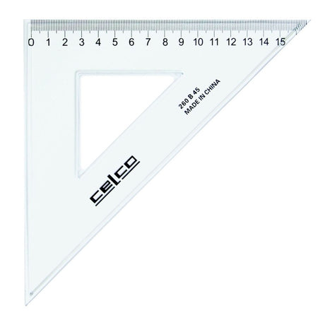 Clear 26cm Celco set squares featuring 45° and 60° angles, perfect for precise technical drawing and design projects.