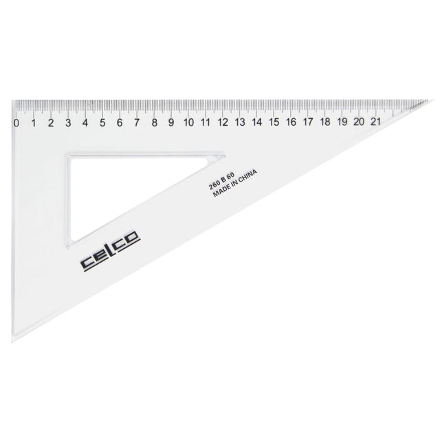 Clear Celco 60-degree set squares, 26cm, for precise drafting and artistry with bevelled edges and metric scales.