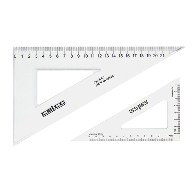 Clear 14cm Celco set squares with 45°/60° angles, perfect for precise measurements and drawings in classroom or art projects.