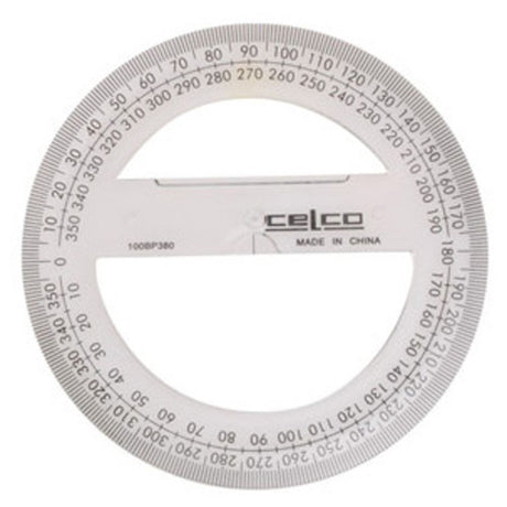 Celco Protractor 10cm 360deg, durable plastic with clear graduations, centre indicator, and bevelled edge for precise angle measurement.