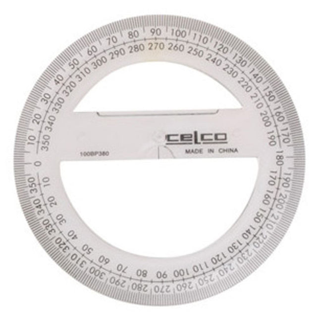 Celco Protractor 10cm 360deg, durable plastic with clear graduations, centre indicator, and bevelled edge for precise angle measurement.