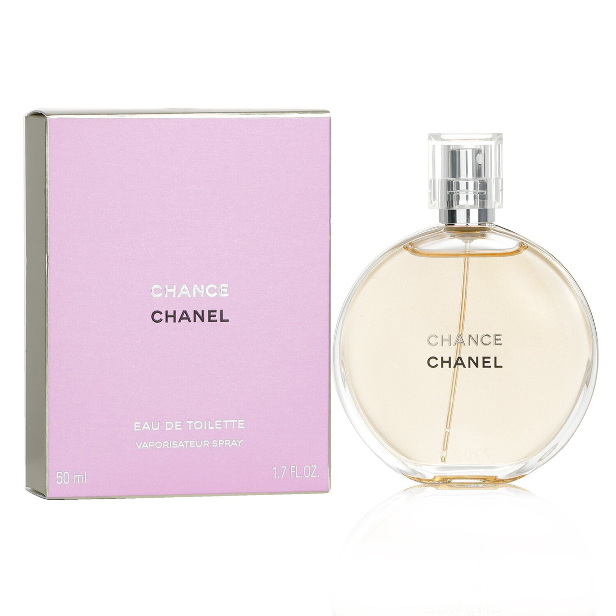 Chanel Chance Eau De Toilette Spray 50ml, a fresh floral scent with notes of pink pepper, jasmine, and warm musk, perfect for women.