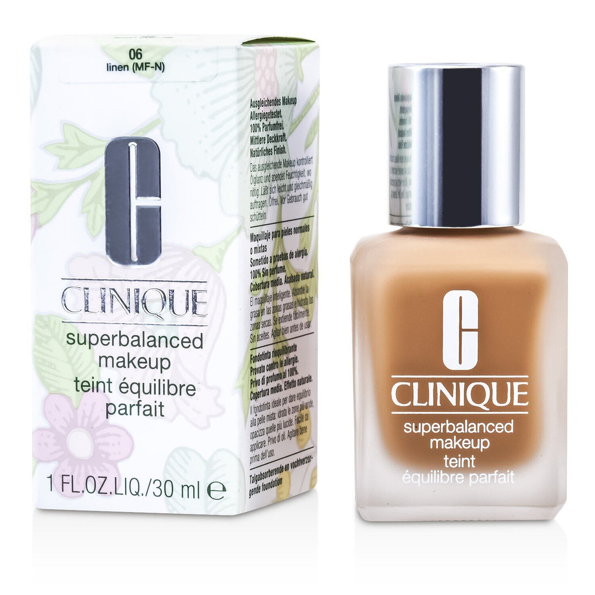 Clinique Superbalanced MakeUp No. 06 in Linen, a 30ml oil-free foundation for a silky, natural finish and balanced hydration.