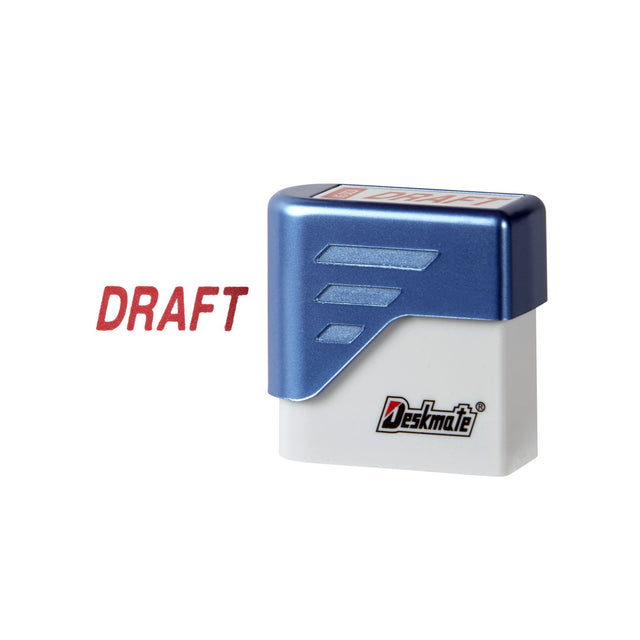 Deskmate Pre-Inked Office Stamp in Draft Red, perfect for clear marking with 100,000 impressions, re-inkable, and compact.