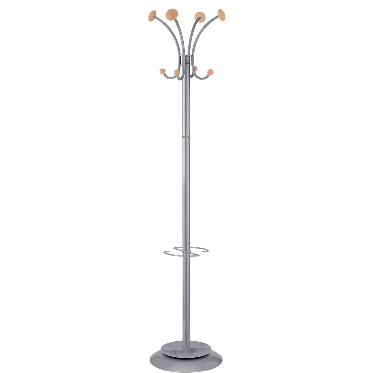 Stylish silver and wood coat rack with multiple hooks and umbrella stand, perfect for entryways and living spaces.