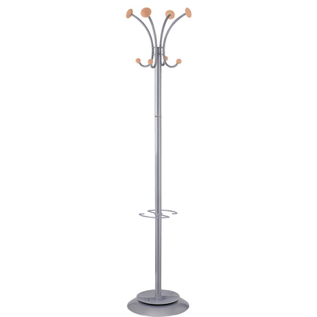 Stylish silver and wood coat rack with multiple hooks and umbrella stand, perfect for entryways and living spaces.