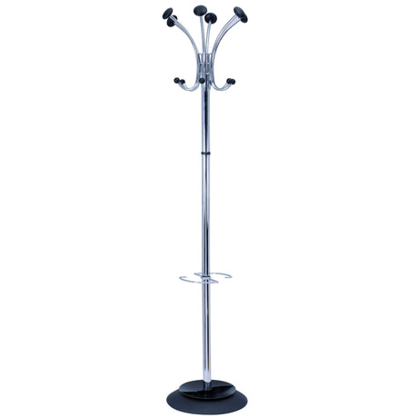 Modern chrome and black coat rack with multiple hooks and an umbrella stand, designed for style and functionality in any space.