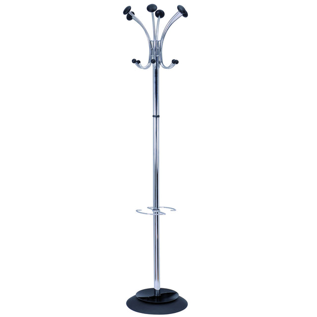 Modern chrome and black coat rack with multiple hooks and an umbrella stand, designed for style and functionality in any space.