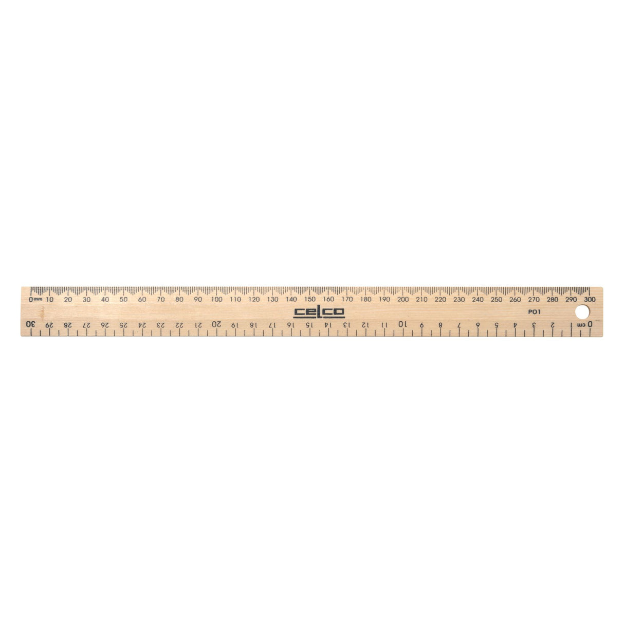 Celco Wooden Ruler 30cm with polished finish, ideal for precise metric and imperial measuring in various settings.