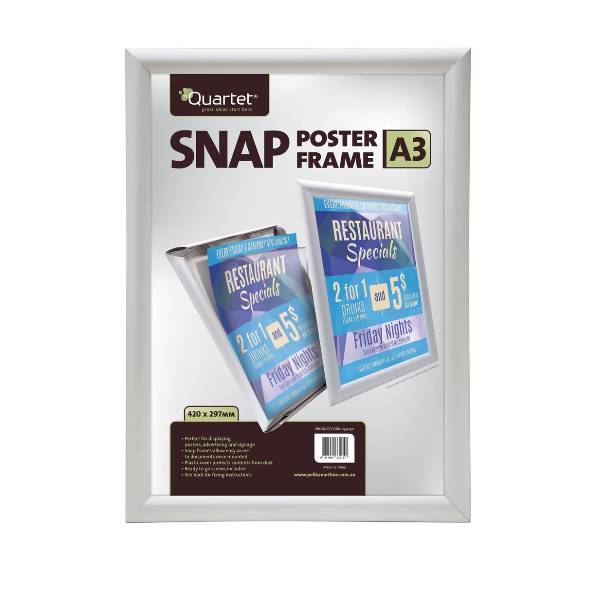 Aluminium snap poster frame A3 with dust cover for easy wall-mounted display of signs and advertisements.