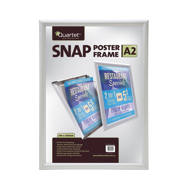 Aluminium A2 snap poster frame with dust-protective cover, ideal for easy document display and wall mounting.