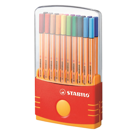 Colorful pack of 20 Stabilo Point 88 fineliners with 0.4mm tips, perfect for detailed writing and creative projects.