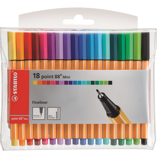 Stabilo Point 88 Mini Fineliner set of 18 vibrant colors, ideal for detailed writing and illustrations, portable and durable.