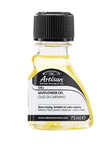 Winsor & Newton Artisan Safflower Oil in a 75ml bottle, enhances flow, gloss, and transparency for painting with whites.