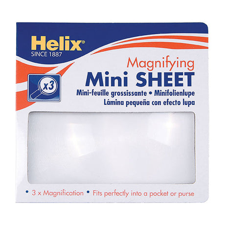 Helix Mini Magnifying Sheets 55x85mm for 3x magnification, scratch-resistant lenses enhancing clarity for reading details.